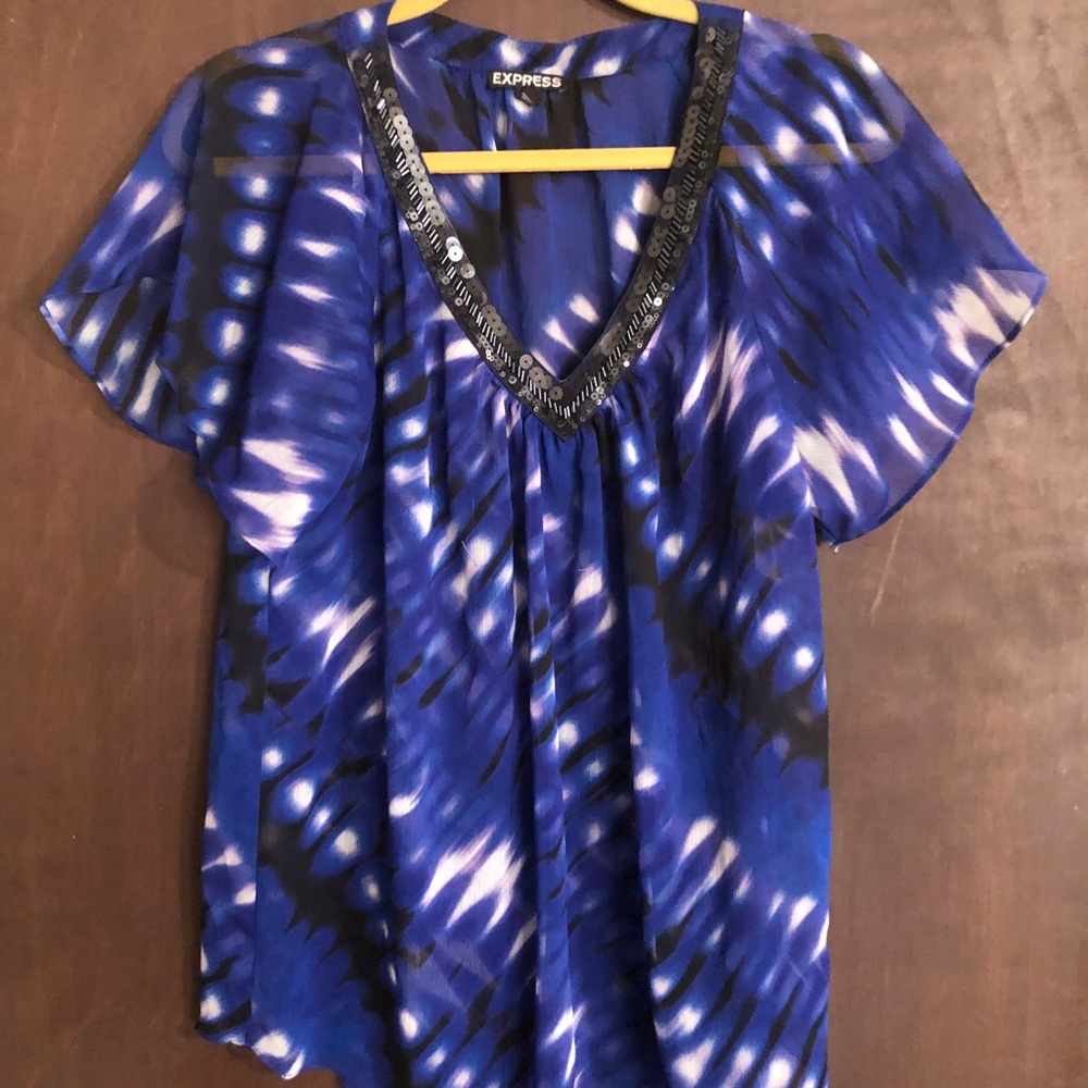 Express blue short flutter sleeve top